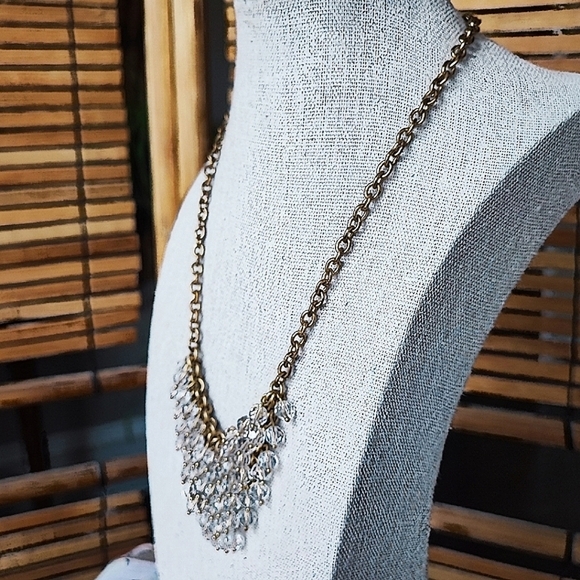 J. Crew Crystal Clear Faceted Beads Brass Tone Chainmaille Statement Necklace - Picture 2 of 12